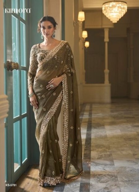 Mehendi Colour Iconic Vol 5 By Kimora Fancy Fabric Designer Beads Work Saree Ks 5781
